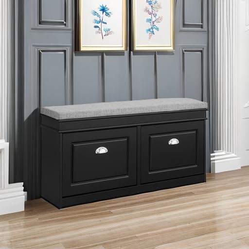 SoBuy Black Storage Shoe Bench with 2 Flip Drawers, Hidden Shoe Bench, Free Standing Shoe Rack, Shoe Cabinet, Hallway Storage Bench with Seat Cushion FSR64-SCH - color: Black, size: 2 Drawers (Long)