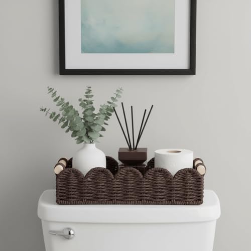 CubesLand Toilet Paper Storage Basket Organizer, Small Wicker Toilet Tank Top Decorative Baskets for Countertop, Handwoven Scalloped Basket w/handle for Home Decor, Living Room, Bedroom, Brown - color: Brown, size: S - 12.99"L x 6.3"W x 3.15"H