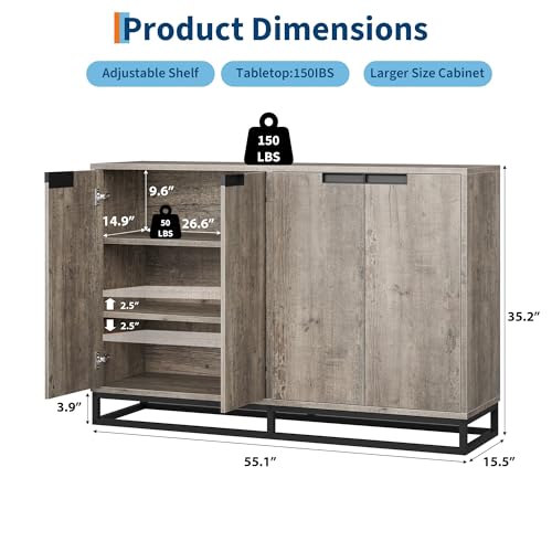 IDEALHOUSE 55 Inch Sideboard Buffet Cabinet with Storage, Accent Cabinet with 4 Doors & Adjustable Shelves, Multifunctional Storage Cabinet for Kitchen, Dining Room, Entryway & Living Room - color: Grey