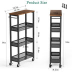 XYZLVSI Slim Storage Cart 4 Tier Narrow Kitchen Rolling Cart on Wheels for Small Space, Mobile Utility Cart Shelving Unit with Wooden Top and Metal Handle for Kitchen, Bathroom, Laundry Room - size: 16.7"Dx7.1"Wx34"H