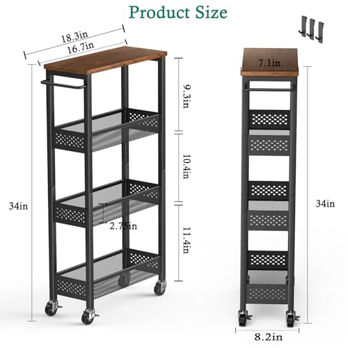 XYZLVSI Slim Storage Cart 4 Tier Narrow Kitchen Rolling Cart on Wheels for Small Space, Mobile Utility Cart Shelving Unit with Wooden Top and Metal Handle for Kitchen, Bathroom, Laundry Room - size: 16.7"Dx7.1"Wx34"H