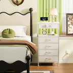 Furnulem Night Stand with Charging Station, Dresser with PVC & Fabric Drawers, 33.3 Inch Side Table with Open Shelf, Tall Bedside Table for Closet, Entryway, Bedroom Furniture, 3 Ways to Use, White - color: White, size: 4 Drawer