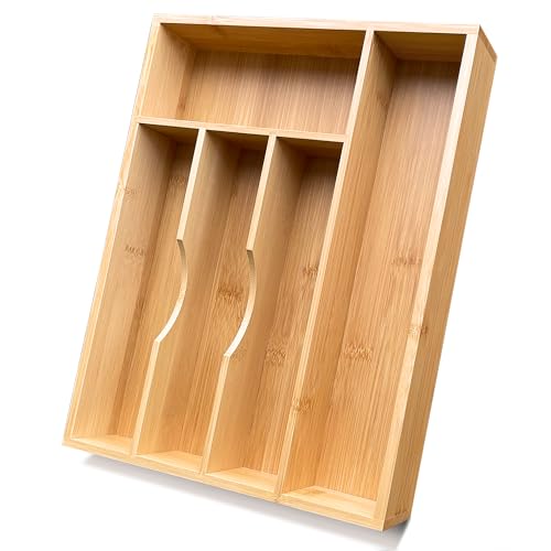 guiogc Bamboo Silverware Drawer Organizer, Silverware Organizer, Silverware Utensil Tray Holder and Cutlery Tray for Flatware and Kitchen Utensils - size: 9.85"Wx13.65"D (5-Slots)