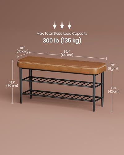 VASAGLE EKHO Collection - Shoe Rack Bench, Storage Bench for Entryway, Synthetic Leather with Stitching, Mid-Century Modern, Loads 300 lb, 11.8 x 39.4 x 19.7 Inches, Caramel Brown ULSB113K01 - color: Caramel Brown, size: 39.4"W