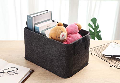 Collapsible Storage Basket with Carry Handles Felt Fabric Storage Bin Durable Organizer for Gift Toys Shoes Clothes Towels Nursery Home Laundry Office Decorative Organizing Box(Dark grey) - color: PU-Dark grey, size: 13.9L×9.6W×8.2H