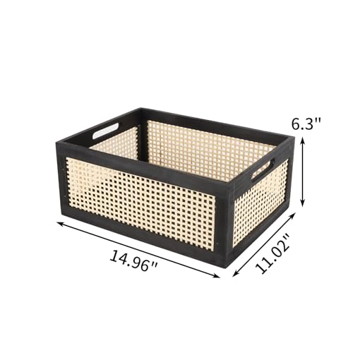 SHCMSADO Wooden Frame Storage Basket, Decorative Organizer Crates Box with Built-in Handle,Natural Wire Wood Nesting Drawer Storage for Kitchen, Bathroom and Office Desktop-(15" Lx11 Wx6.3 H-Black)