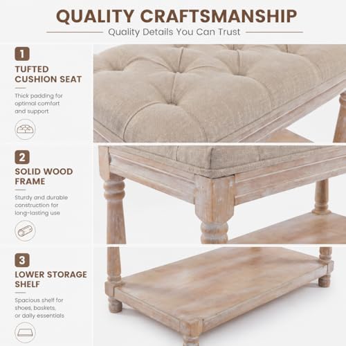 chairus Storage Bench 31.5" W Button Tufted Small Entryway Bench with Wooden Shoes Rack End of Bed Bench with Fabric Linen Upholstered Rectangular Seat for Bedroom Hallway Small Space, Beige - color: Beige, size: 31.5 Inches Seat