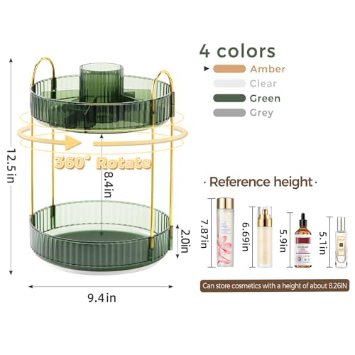 360° Rotating Makeup Organizer, Upgraded 2 Tier Skincare Perfume Organizers for Women, Bathroom Organizer Countertop, Clear Cosmetic Dresser Organizer with Makeup Brush Holder, Sink&Counter (Green) - color: Green, size: 2 Tier