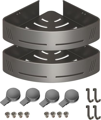 Corner Shower Caddy 2-Pack, Suction Cup Bathroom Shower Organizer with Hooks, No Drilling Rustproof Aluminum Floating Wall Shelf for Inside Shower, Gun Grey (Triangular)