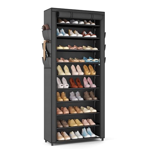 VTRIN Vertical Narrow Shoe Rack Organizer Tall Shoe Rack for Closet Entryway 10 Tier Non-Woven Cover Shoe Shelf Holds 36-41 Pairs Free Standing Shoe Storage Cabinet with Dustproof Cover, Black - color: Black, size: 24.8"W x11.8"D x 68.9"H