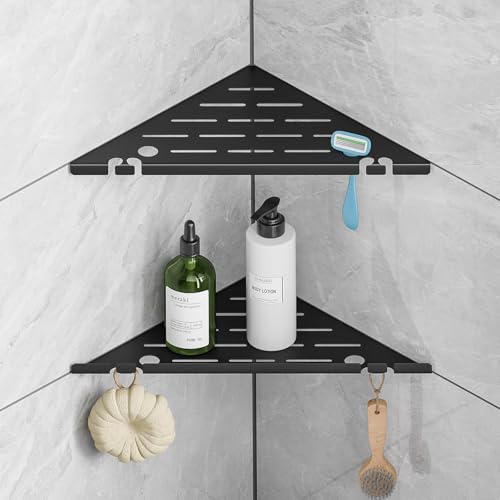 Permanent Tile-in Corner Shower Shelves with Hooks, Modern 304 Stainless Steel Shower Caddy for Bathroom Renovation & Hotel, Heavy Duty No-Drill Grout Mount Organizer for Tile Wall,10", 2 Pack - color: 2-upgraded Black