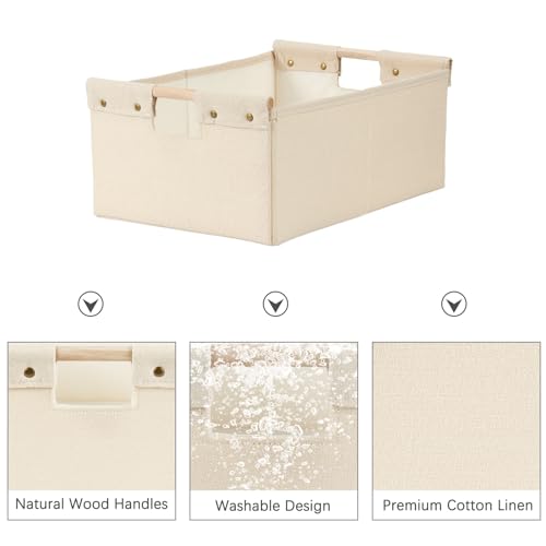 2PCS Storage Bins Cotton Linen Fabric Storage Boxes Basket with Wooden Handles Foldable Washable Decorative Shelf Container Clothes Organizer Home Laundry - Medium Size, Beige - color: Beige, size: Medium (Pack of 2)