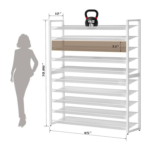 Metal Shoe Rack,Large 10 Tier Shoe Organizer, Heavy Duty Metal Stackable Shoe Storage Vertical Shoe Rack for Closet Front Door Entrance,Entryway,GarageUp to 62 Pairs,White - color: White, size: 10 Tier