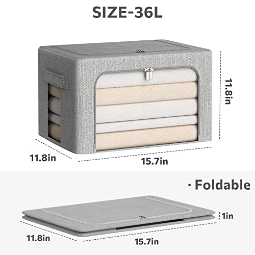 CYhom Clothes Storage Bins Box - Linen Fabric Foldable Stackable Container Organizer Set with Clear Window & Carry Handles & Metal Frame (Light Grey, Medium-36L) - color: Light Grey, size: Medium-36L