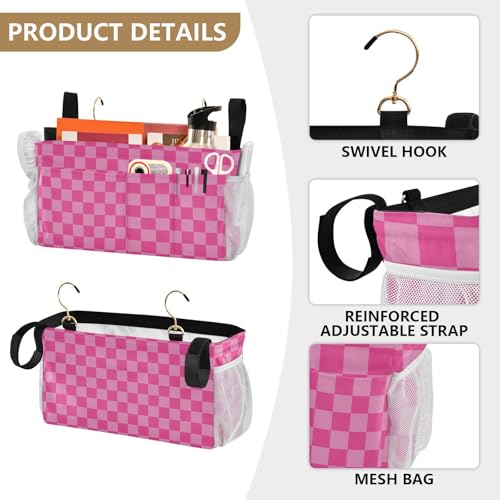 Pink Checkered Print Bedside Caddy Storage Bag Bedside Organizer for Bunk Bed Headboards College Organizer Caddy Hanging Shelf 6 Pockets with Hooks for Drinks Magazine Phone Holder - color: Checkerboard Pink