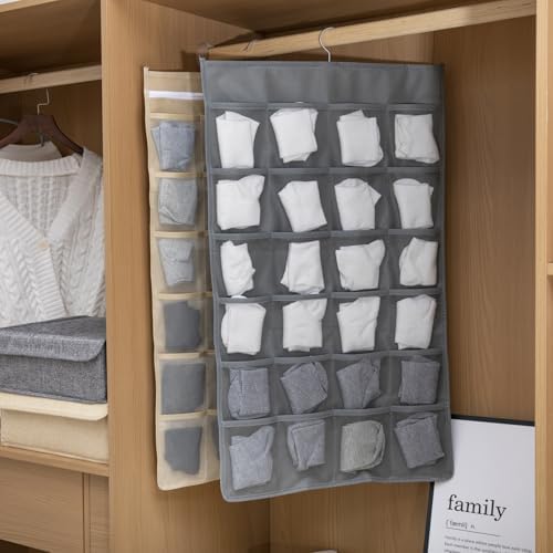 Hanging Fabric Storage Organizer with Multiple Pockets – Space-Saving Closet Storage Solution, Beige 12+24 grid
