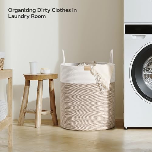 Nunsino Laundry Hamper 62L,Large Laundry Basket for Clothes,Decorative Storage Basket for Blankets,Cotton Rope Woven basket for bedroom,Brown White - color: Brown&White, size: 62L/16.3Gal