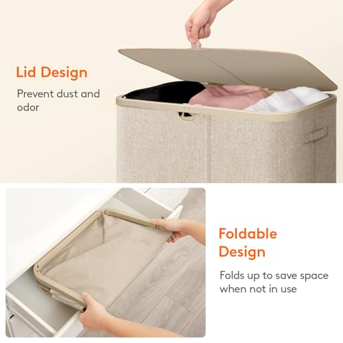 Lifewit 185L Large 3 Section Laundry Hamper with Lid, Plastic Laundry Basket with Bamboo Handles and Removable Bags, Tall Foldable Clothes Hamper for Bathroom Bedroom, Beige - color: Beige