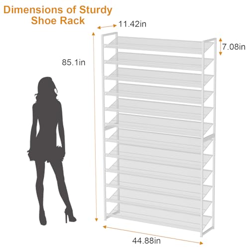 Large Shoe Rack 12 Tier Shoe Organizer, Heavy Duty Metal 6-Tier Stackable Shoe Storage Vertical Shoe Rack for Closet Front Door Entrance, Up to 75 Pairs, 44.8" W x 11.4" D x 85.1" H, White - color: White, size: 12 Tier