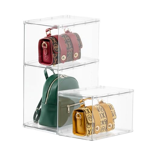 FOCHIER F Bag & Purse Organizer for Closet,3 Pack Stackable Plastic Handbags Storgae Shelf Dividers,Clear Clutch Bag Organizers and Storage for Wardrobe Bathroom Study and Office(1 Large+2 Small) - color: 3 Pack(1 Large+2 Small)