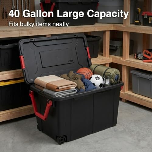40 Gallon Wheeled Storage Tote with Lid – Heavy Duty Rolling Storage Bin with Ergonomic Handle & Secure Latches – Large Plastic Stackable Container for Garage Basement Workshop (Black) - size: Black