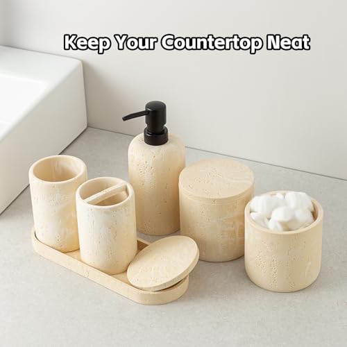 Bathroom Accessories Set, Travertine Stone-Look, 6 PCS Bathroom Accessory Set with Soap Dispenser, Toothbrush Holder, Tumbler, Vanity Tray, Cotton Swab Jars for Countertop (Yellow) - color: Yellow