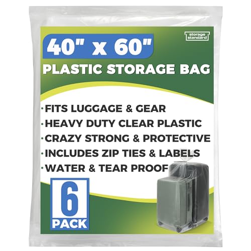 Storage Standard 6-Pack Large Clear Plastic Bags for Storage - Waterproof Extra Large Plastic Bags with Zip Ties, Heavy-Duty Cover for Luggage, Suitcases, Strollers & Travel Gear - 40 x 60 Inches - size: 40'' x 60''