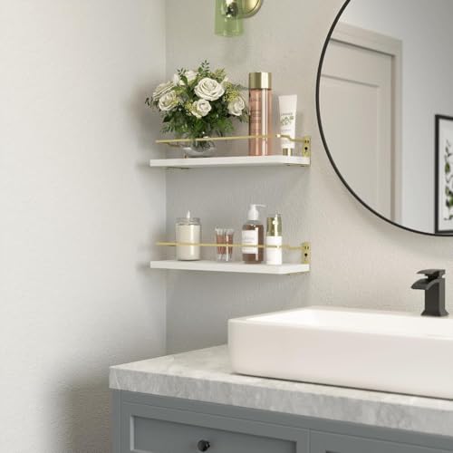 RICHER HOUSE Bathroom Shelves, Small Floating Wall Shelf for Bathroom Decor, Wall Mounted Wood Shelves, Bathroom Organizer Over Toilet Storage, Guard-Rail Kitchen Shelves Set of 2 - White Gold - color: White & Gold