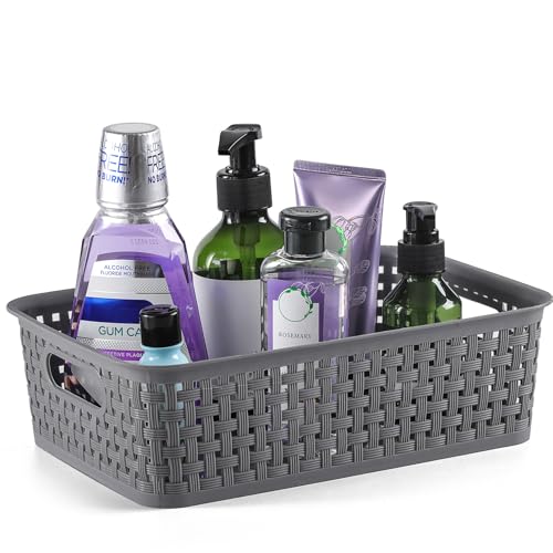 [ 12 Pack ] Plastic Storage Baskets - Small Pantry Organization and Storage Bins - Household Organizers for Laundry Room, Bathrooms, Bedrooms, Kitchens, Cabinets, Countertops, Under Sink or On Shelve - color: Gray