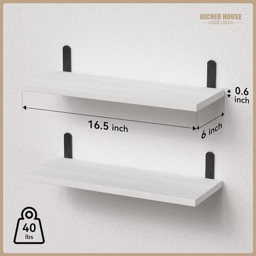 RICHER HOUSE Floating Wall Shelves, Rustic Wood Bathroom Shelves Set of 2, Farmhouse Style Shelf for Décor, Hanging Bedroom, Storage, Kitchen, Living Room - White - color: White, size: 2 Pcs:16.54in