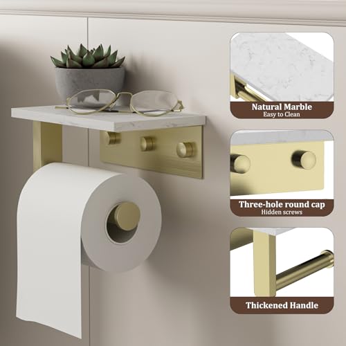 BWE Brushed Gold Toilet Paper Holder with Marble Shelf, Toilet Paper Roll Holder Wall Mounted, Toilet Paper Roll Holder with Phone Shelf 304 Stainless Steel Tissue Holder for Bathroom Washroom - color: Brushed Gold