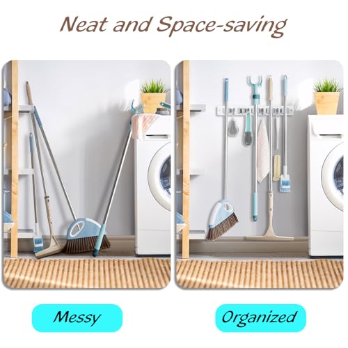 OUTNILI Mop and Broom Holder Wall Mount - White Broom Mop Hanger - Wall Mounted Garden Tool Rack Organizer for Closet Garage Laundry Room Kitchen Decor With 5 Slots & 4 Hooks - color: White-5 Grips, size: 1 Pack