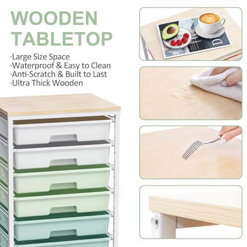 Rolling Storage Utility Cart Organizers with 8 Drawers and Wooden Tabletop for Living Room,Office,Classroom,Craft Room,Bedroom,Dorm,Green - color: Green