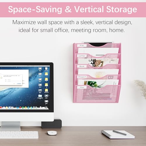 EasyPAG Wall File Organizer 5 Tier Hanging Paper Folder Holder, Zero Assembly Metal Mesh Wall Mounted Mail Organizer for Office Home Classroom Narrow Spaces, Pink - color: Pink, size: 5 Tier