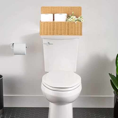 Sumnacon Wicker Storage Basket with Lid, Rectangular Narrow Baskets for Bathroom, Farmhouse Imitation Rattan Bin with Dividers, Decorative Handwoven Tray Organizer for Countertop Shelves Toilet Tank - color: Yellow