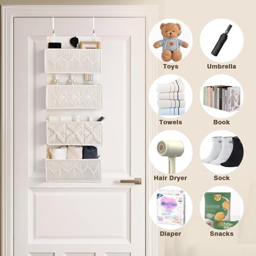 janebeauties Over the Door Organizer Macrame Boho Nursery Storage with 4 Large Woven Pockets, Hanging Basket for Bathroom, Nursery & Closet Doors, Behind the Door Storage Organizer, Cream White