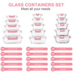 KOMUEE 30 Pieces Glass Food Storage Containers Set, Meal Prep Containers Set with Snap Locking Lids, Airtight Glass lunch Containers, Microwave, Oven, Freezer & Dishwasher,Pink - color: Pink