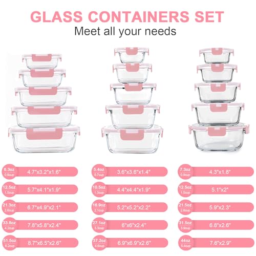 KOMUEE 30 Pieces Glass Food Storage Containers Set, Meal Prep Containers Set with Snap Locking Lids, Airtight Glass lunch Containers, Microwave, Oven, Freezer & Dishwasher,Pink - color: Pink