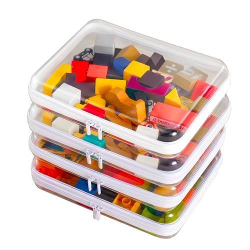 4PCS Large Clear Hard Shell Zipper Case, Makeup Organizer & Toy Storage Bag for Lego Bricks, Diaper Pouches, Cosmetic Bags, Transparent Pencil box, Puzzle Board Game, Portable Travel Toiletries - size: 4Pcs-Large