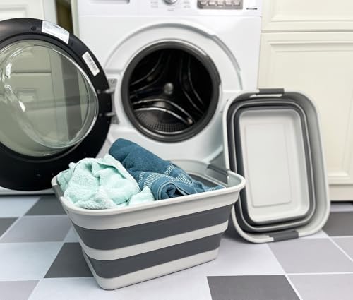 SMMART Collapsible Plastic Laundry Basket with Handle/Foldable Pop Up Storage Hamper/Portable Laundry Organizer-Space Saving Washing Tub/Household Storage Supplies (Grey/Steel Grey, 27L (Set of 2)) - color: Grey/Steel Grey, size: 27L (Set of 2)
