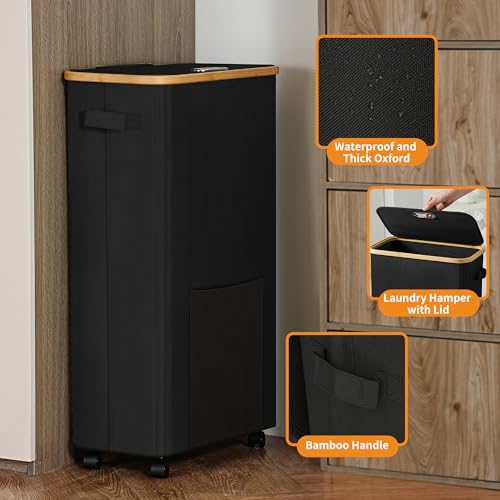 Laundry Basket with Wheels, Dirty Clothes Hamper on Wheels, Rolling Tall Laundry Hamper with lid for Laundry Room, Dorm and Bathroom, 75L Black - color: Black, size: 75L