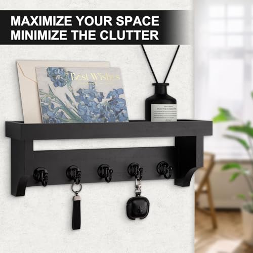 Key and Mail Holder Wall Mount, Key Holder with Shelf and Mail Organizer Wall Mount. Mail Holder with 5 Hooks for Coat, Dog Leash, Home Decor Rack, Entry Way Organizer (Black) - color: Black