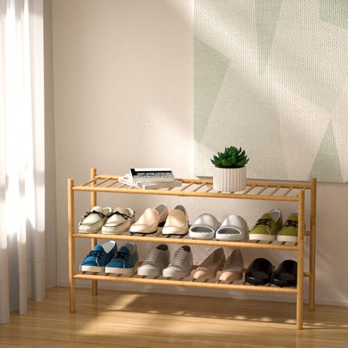 ROMGUAR CRAFT 3-Tier Bamboo Long Shoe Rack, Free Standing Wood Shoe Shelf Storage Organizer for Closet Entryway Stackable 35"x11"x20" (Natural) - color: Natural, size: 3-Tier(Long)