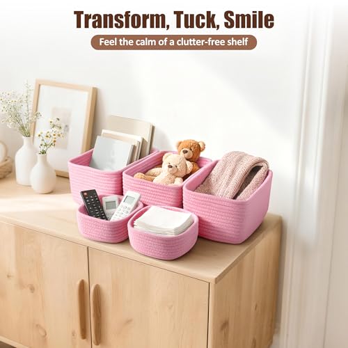5-Pack Small Woven Rope Storage Baskets – 2 Sizes Organizer Bins for Closet, Shelf, Bookshelf, Nursery, Changing Table, Fabric Cube Boxes, Rectangular Shallow Bins for Bathroom, Toy & Home - color: Pink