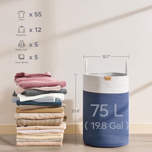Nunsino Laundry Hamper 75L,Large Laundry Basket for Clothes,Decorative Storage Basket for Blankets,Cotton Rope Woven basket for bedroom,Navy Blue - color: Navy Blue, size: 75L/19.8Gal