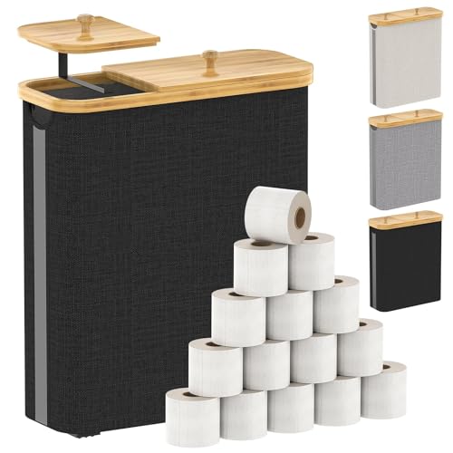 42L Toilet Paper Basket with Bamboo Lid, Toilet Paper Storage with Toilet Paper Holder & Non-Slip Mat for Bathroom Organizer, Holds up to 19 Regular Rolls or 14 Mega Rolls, Collapsible & Stackable - color: Black