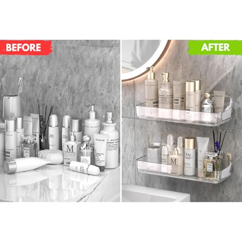No-Drill Acrylic Shower Caddy – Wall Mounted Bathroom Shelf with Drain Holes, Strong Adhesive, Large Capacity for Shower, Kitchen, RV – Sandra Series - size: Large