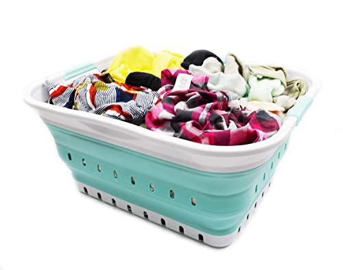 SAMMART 42L (11 gallon) Collapsible Plastic Laundry Basket - Foldable Pop Up Storage Container/Organizer - Space Saving Hamper/Basket (1, White/Lake Green) - color: White/Lake Green