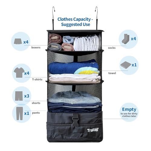 Grand Fusion Stow-N-Go Packing Organizer for Luggage, Portable Hanging Travel Shelves, Carry-On Closet, Hanging Packing Cubes, Collapsible Carry-On Organizer for Cruises & Hotels. Black - L - color: Black, size: L = (L) 11.8" x (W) 11.8"
