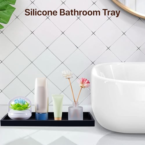 Bathroom Vanity Tray, 11.8 x 5 Inch Silicone Kitchen Sink Tray for Perfume Soap Towel Bathroom Accessory for Soap Dispenser Bathroom Countertop Trays, M, Black - color: Black, size: 11.8" x 5" x 0.7"
